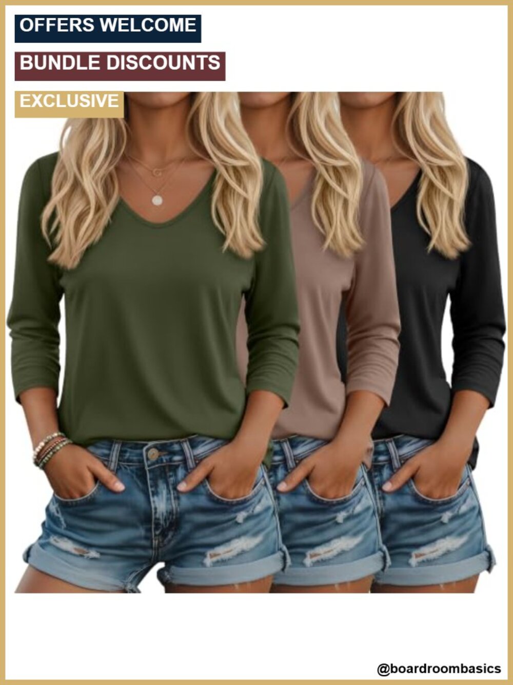 Women's 3/4 Sleeve V Neck Tops Loose Fit T-Shirts 3 Pack Casual Blouses